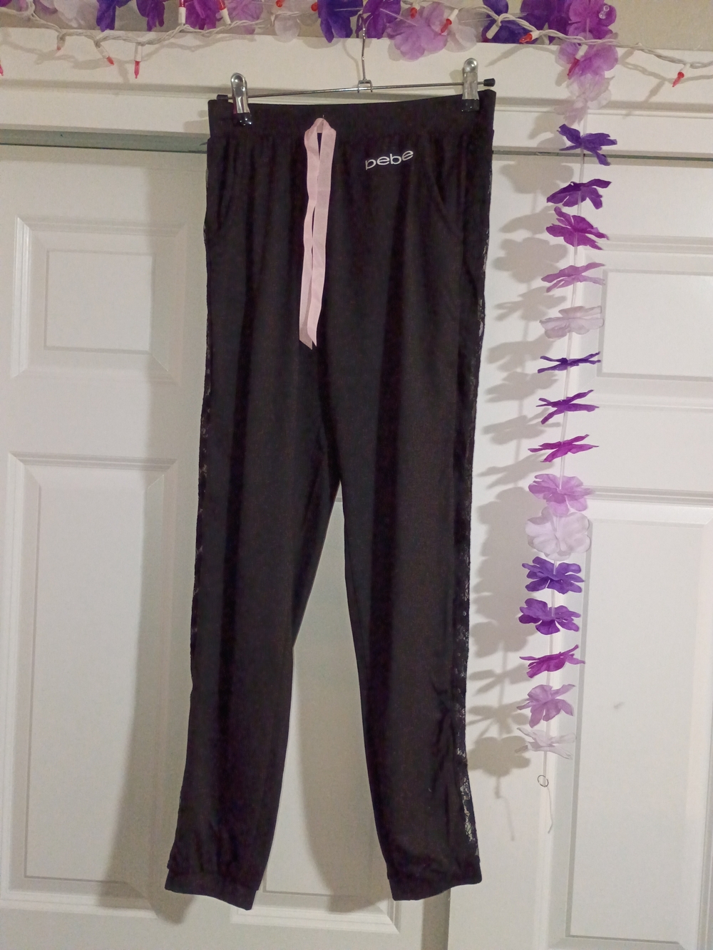 bebe Black Track Pants with Pink Drawstring